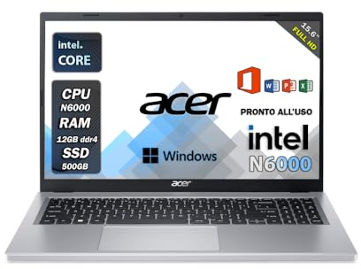 acer aspire 3, Pc portatile, intel N6000 4 core, Fino A 3.30GHz, Ram 8Gb Ddr4, SSD 256 Gb, Display 15.6” FHD, Windows 11 PRO, Hdmi, Wi fi, Bluetooth notebook