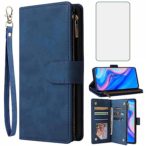 Asuwish Handyhülle für Huawei P Smart Z/Honor 9X Hülle mit Folie Schutzfolie und Kartenfach Klappbar Leder Geldbörse Ständer Reißverschluss Hawaii Y9 Prime 2019 STK-L21 STK-LX1 Schutzhülle Case Blau