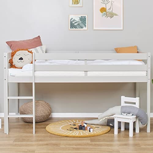 Hoppekids ECO Comfort Hochbett | 90x200 mit Lattenrost | Taubengrau | Das Nordische Umweltzeichen | TÜV-Zertifiziert | FSC®-zertifiziertes massives Kiefernholz