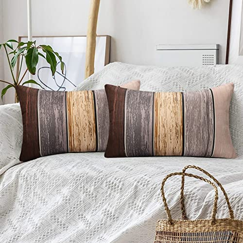 Hanrunsi Kissenbezüge 30x50 Braun Grau Quadratischer Kissenbezug Braun Leinen Modern Dekorative Sofakissen Couchkissen Holzstreifen Retro Kissen für Autobett Wohnzimmer Home Decor 2er Set