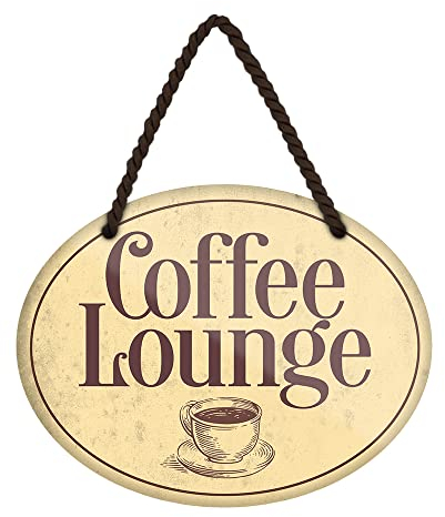 Coffee Lounge Hängeschild - dekoratives Kaffee Schild - Retro Blechschild inklusive Kordel und Saugnapf - Dekoration für Küche Cafe Bistro Coffee Shop Bäckerei - 18 cm x 12 cm