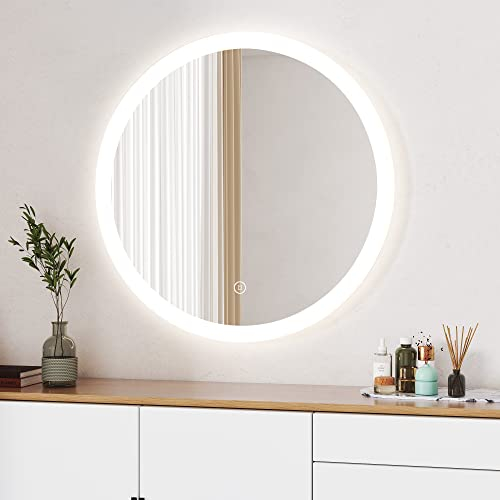 Boromal Badspiegel Rund 60x60cm Badezimmerspiegel mit Beleuchtung 3 Lichtfarbe Dimmbar 3000-6500K 1810LM Kaltweiß Neutral Warmweiß Wandspiegel Lichtspiegel LED Spiegel mit Touch Schalter