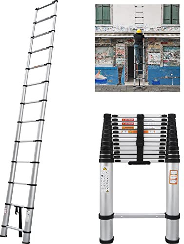 Escalera Telescópica de Aluminio 3.8 m, 12 Peldaños, Plegable, Extensible, Fácil de Transportar, para Constructores de Bricolaje, Interiores y Exteriores