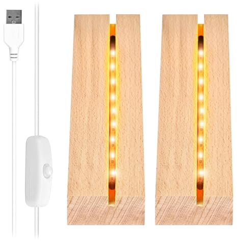 Leonshco Base de madera LED, 2 unidades, base de madera LED, base de lámpara acrílica, iluminación con luz cálida, base de madera con interruptor USB, base LED para cristal acrílico, pantalla de mesa
