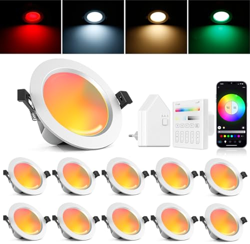 9W RGBWC+CCT LED Einbaustrahler 230V, 10er WiFi Bluetooth LED Einbauleuchten Dimmbar LED Deckenspot Flach Einbauspots Alexa, RGB+2700K-6500K, APP Steuerung, Kompatibel mit Alexa Google Home
