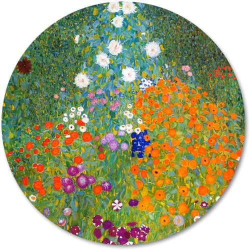 Wknoon Gustav Klimt Ölgemälde mit Vintage-Blumenmuster, Retro, Bauerngarten, rund, Motiv: historische Kunst, malerische bunte Blumen, Garten