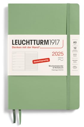 LEUCHTTURM1917 370512 Wochenkalender & Notizbuch Medium (A5) 2025, Softcover, Salbei, Deutsch