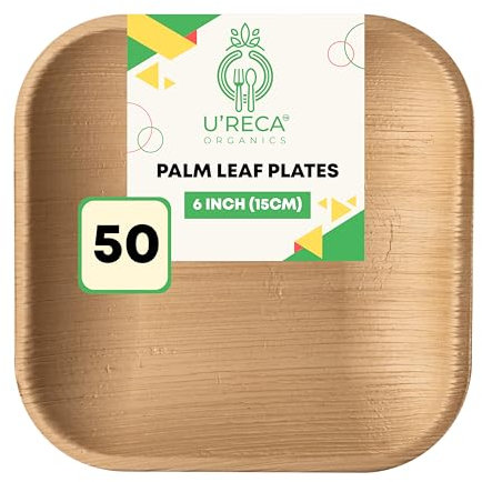 U'reca Organics Eco-Friendly Areca Palm Leaf Square Plates | 6 - Pack of 50 | Perfect for Cafeterias, Coffee Shops & Catering | Leakproof, Biodegradable, Sturdy