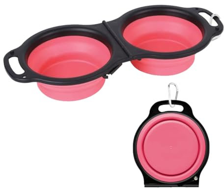 SIRLOMU 2-in-1 Ciotola per Animali Domestici 2 Pezzi Pieghevole, Portatile, Ciotola in Silicone con Gancio per Appendere, Ideale per Passeggiate, Viaggi ed Escursioni (rosa)