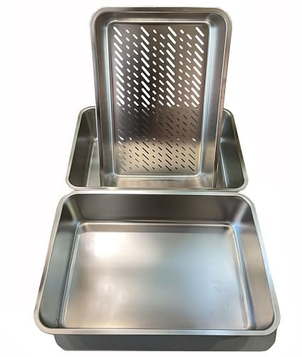 KUNWU Extra Large Stainless Steel Sifting Litter Box Scoop Free Cat Litter Tray, Corrosion Resistant Easy Clean No Odor Three Pan Set (Extra Large)
