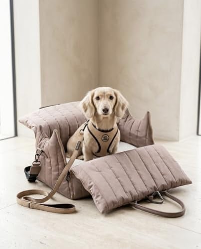 Hundetragetasche Donna 3-in-1 Tragetasche, Autosutz & Reisebett-orthopädisch Memory Foam, veganes Leder, stylisch & komfortabel für Hunde bis 10 Kg. (Sandbeige)