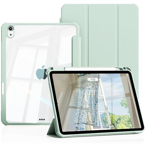 ZOPSGYU Case for iPad Air 11 Inch M4/M3/M2 2026/2025/2024, iPad Air 5th/4th Generation 10.9 Inch 2022/2020 with Pencil Holder, Slim Folio Cover, Clear Back & Anti-drop Frame, Auto Sleep/Wake, Green