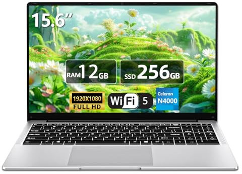 Ordenador Portatil 15,6 Pulgadas, Celeron N4000 PC Portatil hasta 2,6 GHz, Portatil 12GB DDR4 256GB SSD, Laptop IPS FHD Pantalla 1920*1080 Convertible 180°, WiFi 5, Mini HDMI,Adecuado para Estudiantes