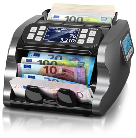 Compteuse De Billets MUNBYN IMC22 Comptage Mixte, DéTection des Faux Billets par CIS/UV/IR/MG,Compatible EUR,USD, MXN, CAD,> 1000 Billets/Min,Convient aux entreprises/commerçants, Double éCran (Noir)