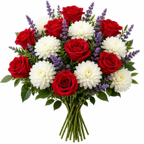 CECOMBINE 20 Stück Künstlicher Blumenstrauß mit roten Rosen, weißen Chrysanthemen und Lavendel – Kunstblumen Arrangement aus Seidenblumen für Zuhause, Tischdekoration und Hochzeit
