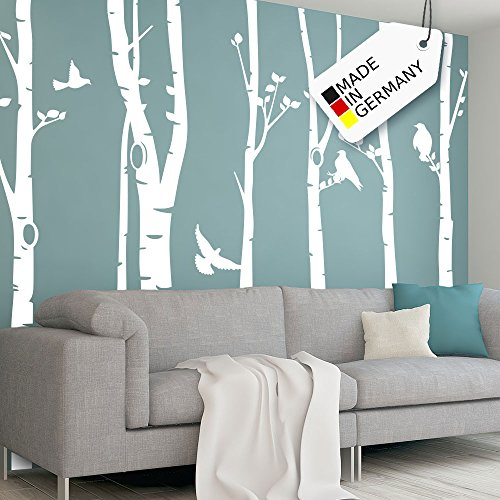 Grandora Wandtattoo XXL Birkenstämme Vögel I schwarz (BxH) 267 x 250 cm I Birke Flur Wohnzimmer Sticker Aufkleber Wandsticker Wandaufkleber Bäume W5449