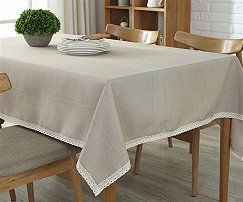 Ommda Tischdecke Leinen Abwaschbar Spitzenkante Tischwäsche Lang Rechteckig Pflegeleicht 140x220cm Beige