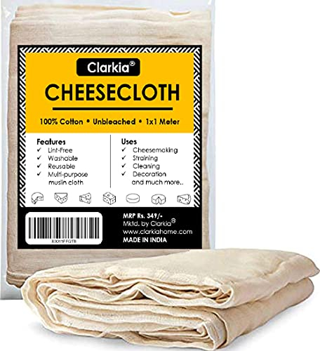 Clarkia 1x1 Meter Cotton Muslin Cloth or Cheese Cloth Unbleached Strainer Natural Ultra Fine Cheese Cloths for Straining Reusable, Making Cheese, Baking Fabric