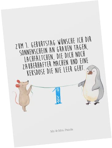 Mr. & Mrs. Panda Postkarte 1. Geburtstag Maus Pinguin - Geschenk, Ansichtskarten, Torte, Einladungskarten Geburtstag, Dankeskarte, 1 Jahr, Kuchen,