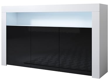 MB Muebles Bonitos | Modernes Sideboard | Breite 155 x Höhe 91,5 x Tiefe 37 cm | Glänzendes Melamin | Weiß und Schwarz | Wohnzimmer TV-Lowboard | Modell Aker