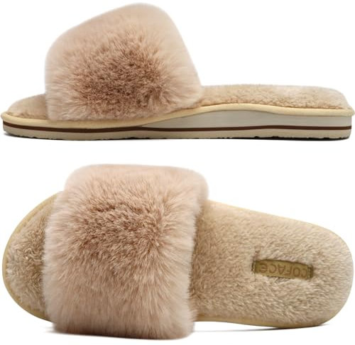 COFACE - Pantofole da donna con pelliccia sintetica, plantare con supporto dell'arco, con punta aperta, per uso interno ed esterno, Peluche Beige, 39 EU