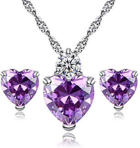HMOOY Herz Kristall Anhänger Halskette und Ohrstecker Set Versilbert Kristall Schmuck Schmuck Hochzeitstag Set für Frauen (Purple)