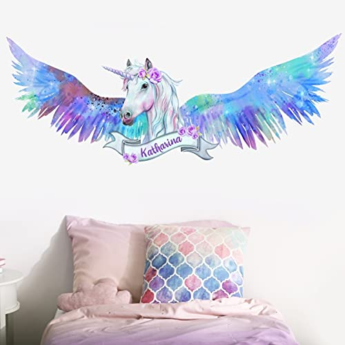 tjapalo® Vr5 Mädchen Wandtattoo Einhorn Name Wandtattoo Kinderzimmer Mädchen Name Wandtattoo Einhorn Aquarell mit Namen und Glitzer, Größe: B90xH36cm