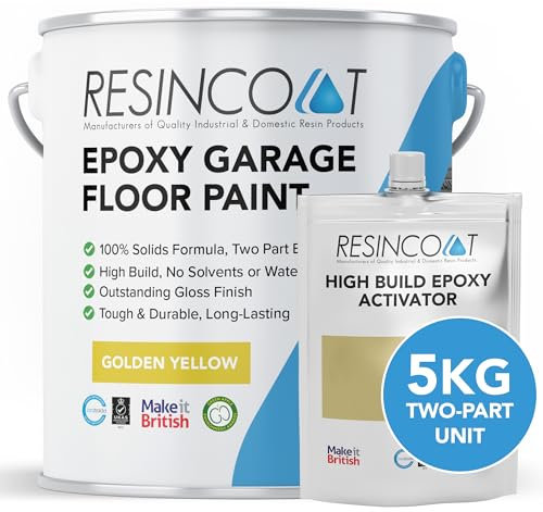 Resincoat High Build Epoxy Garage Floor Paint, Two-Part Epoxy Coating, High Gloss Finish, Solvent Free Formula, Tough & Durable Concrete Floor Paint, Made in the UK, Golden Yellow, 5kg