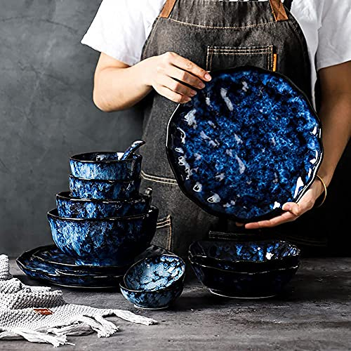 JMBK Service de Table Porcelaine Assiettes, 37PCS pour Assiettes Plates, Assiette Creuse À Soupe, Assiettes À Dessert Gâteau. New Bone China Vaisselles pour 6 Personnes,Bleu