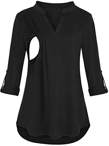Chaconka Femmes Enceintes Chemise de Maternité Allaitement à Manches Longues Col Rond Haut Chemisier Carreaux Solide Pull Tunique T-Shirt Grossesse Grande Taille Atuomne Hiver