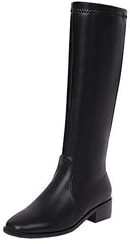 Smilice Stivali alti al ginocchio da donna con tacco spesso e pizzo rotondo, Nero , 42 EU