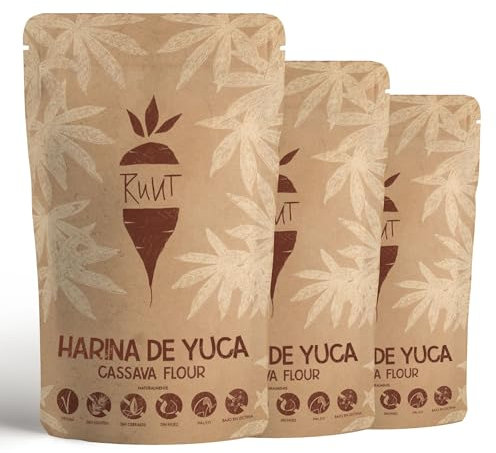 Ruut Harina de Yuca Totalmente Natural - Paleo, Vegetariana, Protocolo AIP, Dieta FODMAP - Harina sin Gluten - Harina de Pan Sana sin Frutos Secos, Cereales ni Aditivos - Harina sin Gluten 3 x 1kg