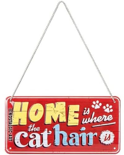 Nostalgic-Art Cartel colgante retro, Home is where the cat hair is – Idea de regalo para dueños de gatos, metálico, Diseño vintage, 10 x 20 cm