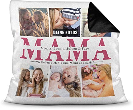 Foto-Kissen selbst gestalten - Mama wir lieben Dich - Collage mit 6 Fotos & Namen - Geschenk für die Beste Mama von Kindern - inkl. Füllung, Farbkissen Rückseite Schwarz, 40x40 cm