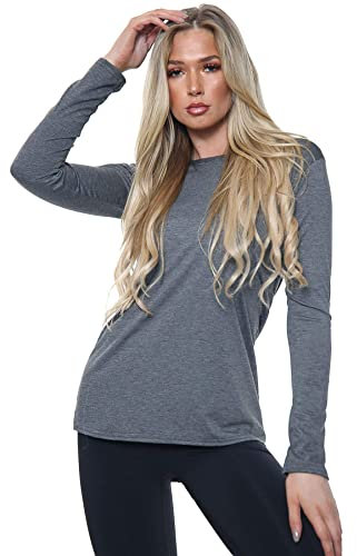 AA ESSENTAILS Women Ladies Long Sleeve Round Neck Plain Top Stretchy Casual Summer T-Shirts Basic Slim fit Tee Tops (Charcoal, 12-14) (ZJ-88487)