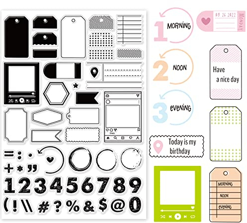 GLOBLELAND Verschiedene Etikettenbox Klare Briefmarken für DIY Scrapbooking Dekor Notizen Zahlen Transparente Silikonstempel zum Erstellen von Karten Fotoalbum Dekor 21x29.7x.3cm