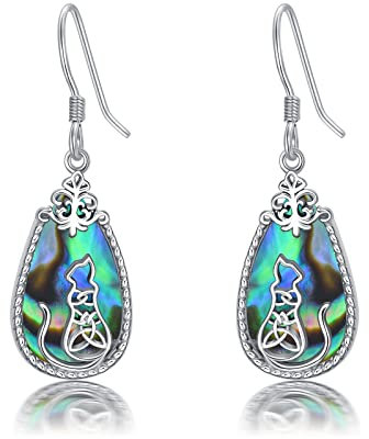 Katzen Ohrringe mit Abalone Muschel Sterling Silber Keltisch Katze Anhänger Hängende Baumeln Tropfen Ohrringe Tier Schmuck Geschenke für Damen Mädchen