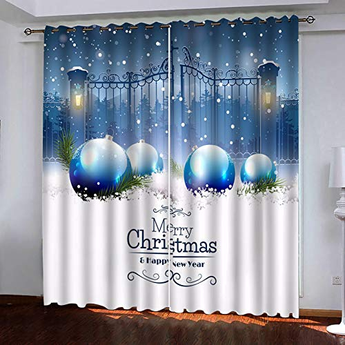 AmDxD Gardinen Vorhänge Schlafzimmer, Weihnachtskugel Tür Merry Christmas Happy New Year Vorhang Muster Blau Weiß Vorhänge Kinderzimmer für Hotels Büros Wohnzimmer, 214x214CM (B x H)