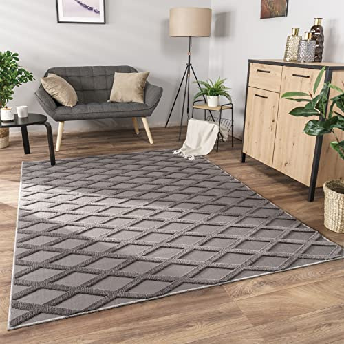 Paco Home Teppich Wohnzimmer Schlafzimmer Kurzflor Modernes Skandinavisches Muster Rauten Motiv Flauschig 3D Grau Anthrazit, Grösse:120x160 cm, Farbe:Anthrazit