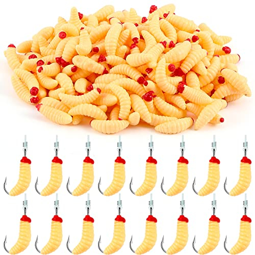 Fabbay 200 Stück 20 mm weiche Madenköder, künstliche Brotwürmer zum Angeln, Köder für künstliche Wachswürmer für Süßwasser, Salzwasser, See, Forelle, Eis-Angelköder