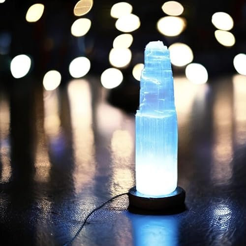 4All Lámpara LED USB de selenita de cristal hecha a mano multicolor, torre de montaña, energía espiritual y meditación curativa, decoración del hogar, mesa, base de madera