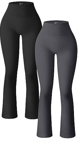 OQQ 2-teilige Yoga Hose für Damen Gerippt Nahtlos Workout Hohe Taille Glockenhose Ausgestellte Leggings Schwarz Dunkelgrau