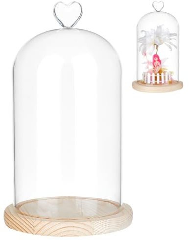 NBEADS Dôme en Verre Coeur, 14.3x24 cm Terrarium de Pot de Cloche avec Base en Bois Présentoir Décoratif en Forme de Dôme pour Plantes Fleurs Décoration D'Exposition de Noël, Navajo White