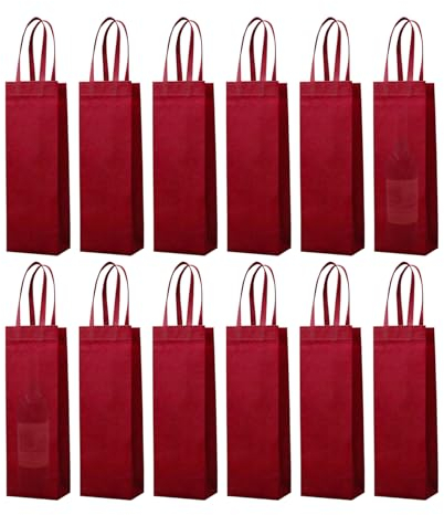 12 Pezzi Borsa per Vino a Bottiglia Singola in Tessuto Non Tessuto Con Manico - Regalo per Natale, Matrimonio, Festa, Compleanno (Rosso Bordeaux)