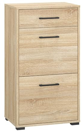 Lomadox Schuhschrank Flurschrank Schuhkommode Garderobenschrank Schubkasten 2 Klappen Eiche hell 50x90x33,7 cm