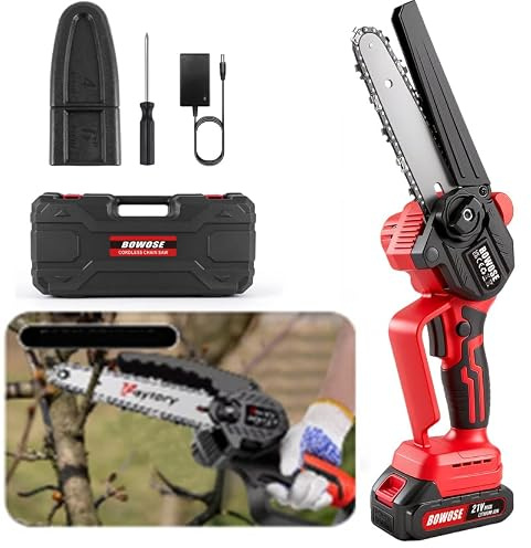 Mini-Kettensäge 21V, Akku Kettensäge mit 1 x 1.5Ah Akkun und Ladegerät, Elektrische Motorsäge Akku Handkettensäge mit 1 Kette, 1 Führungsplatte für Gartenarbeiten und Holz