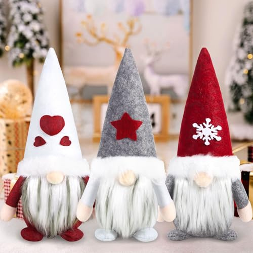 MWZEAUL GNOME de Noël, Lot de 3 Peluche Elfe 28 cm, Fait Main, Amour, Étoiles et Flocons de Neige Chapeau Pointu, Deco Noël GNOME Décoration de Noël et Décoration de Table pour Maison