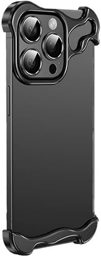 SONIGRA Ultra-Thin Frameless Case for iPhone 16, Minimalist Shockproof Corner Case with Titanium Metal Corner and Camera Lens Protector - Black