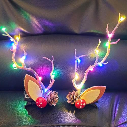 Weihnachts Haarspangen, 2 Stück LED Leuchtende Geweih Haarnadel, Weihnachten Geweih Haarnadel, Haarschmuck Weihnachten Kinder, Weihnachts Haarschmuck, Weihnachten Geschenke für Mädchen Frauen (A)