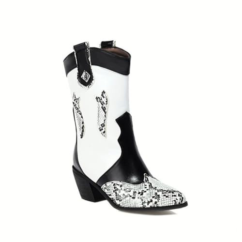 GZHMMAN Stivali da donna a punta con tacco alto a blocco tacco spesso stampa serpente, cuciture in pelle di media lunghezza tacco slip-on Altezza 7 CM Adatto per casual, nero, 37